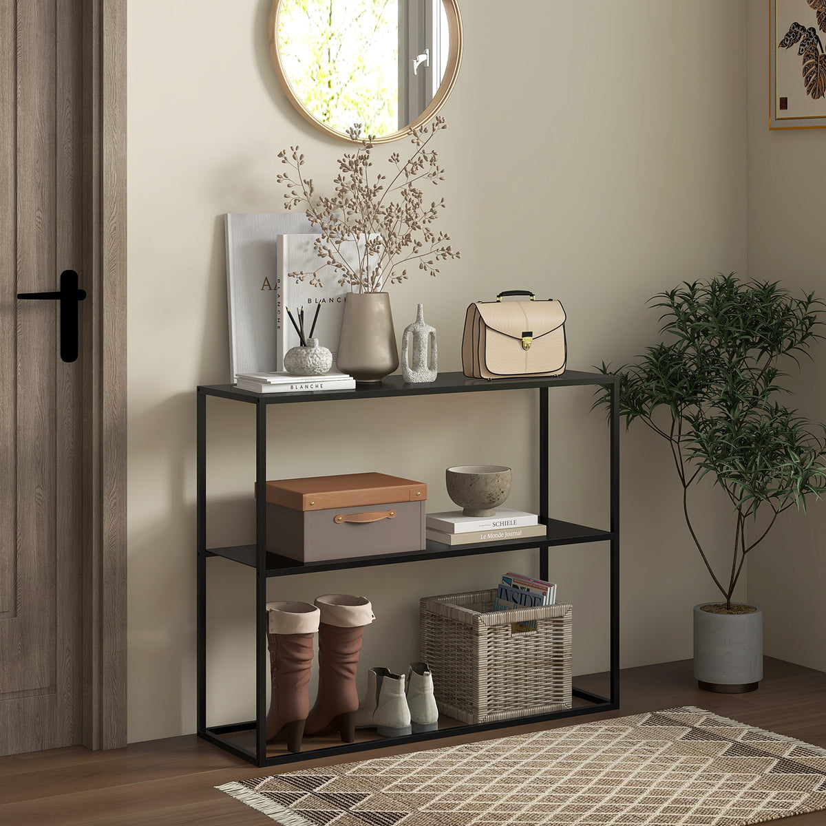 Console table, sideboard, 2 tiers, powder-coated steel, 90 x 30 x 75cm, black (2)