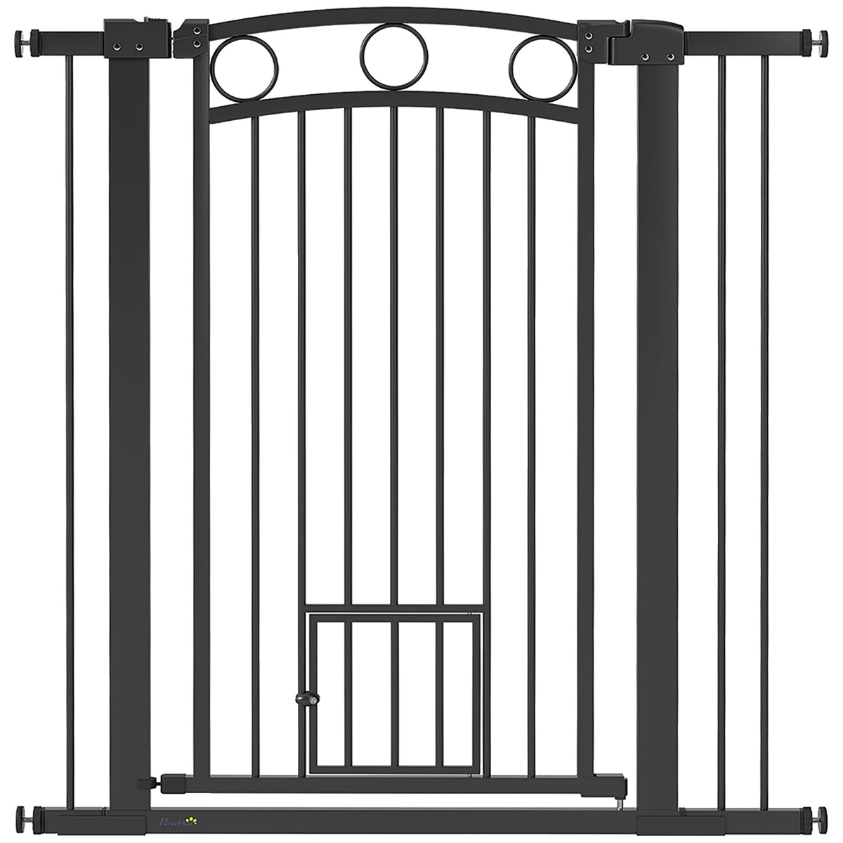 106 cm high pet gate with adjustable width, integrated cat door, for stairs and door frames, black