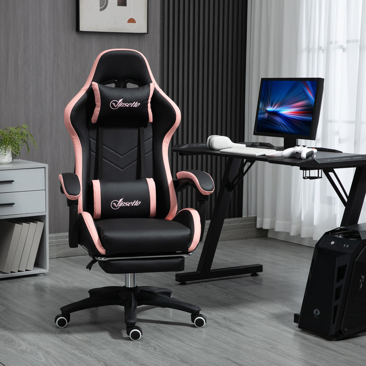 Office chair, gaming chair, 1 headrest, 1 lumbar support, pink + black (2)