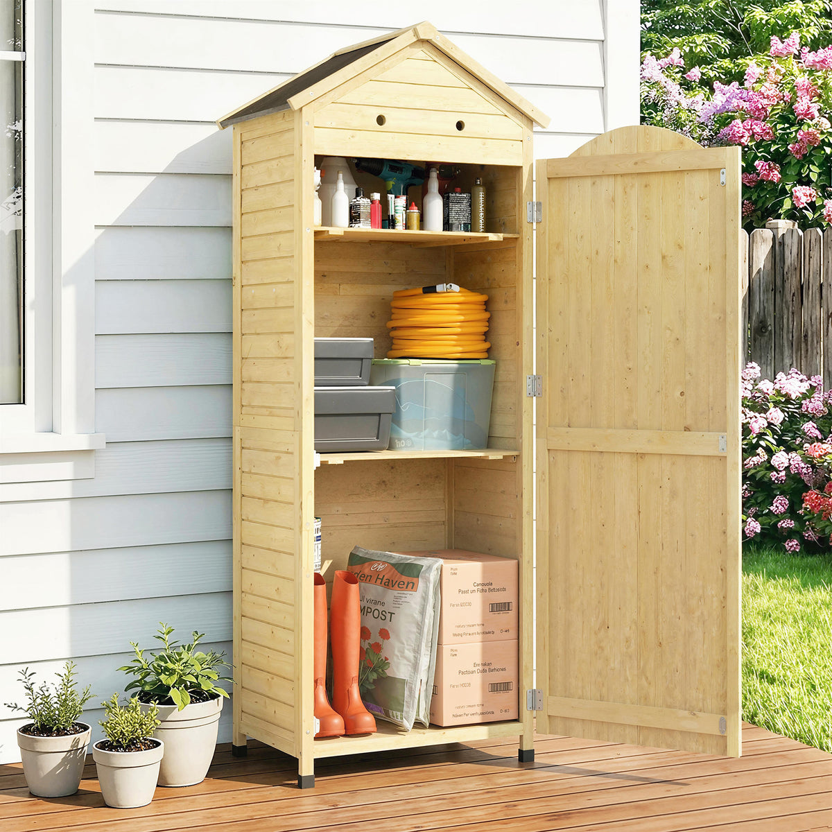 Wooden garden cabinet, adjustable shelf, magnetic door, galvanized roof, ventilation, 85x58x213 cm, natural wood (2)