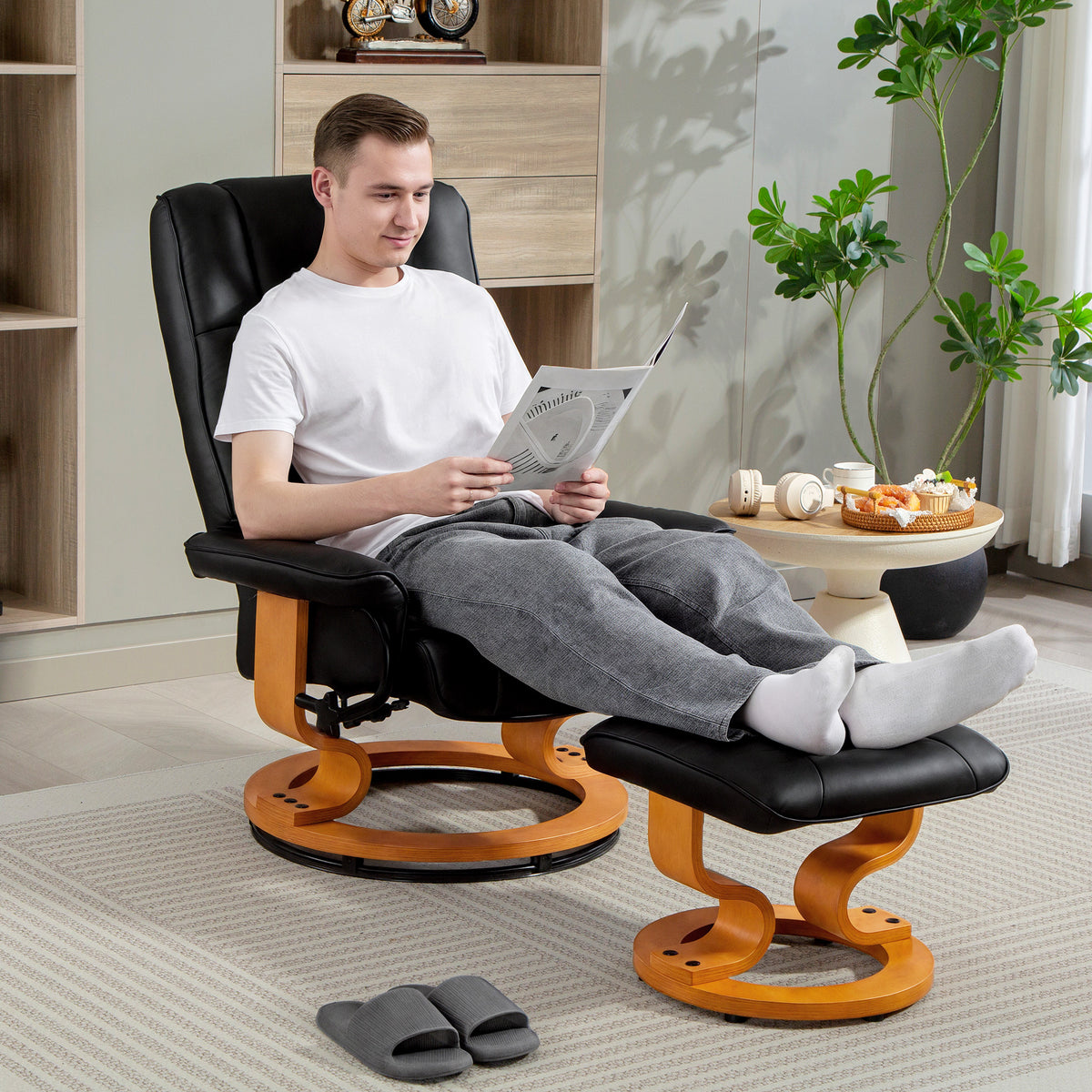 Recliner chair with stool, swiveling & tiltable, faux leather upholstery, up to 150 kg, wooden frame, black (2)
