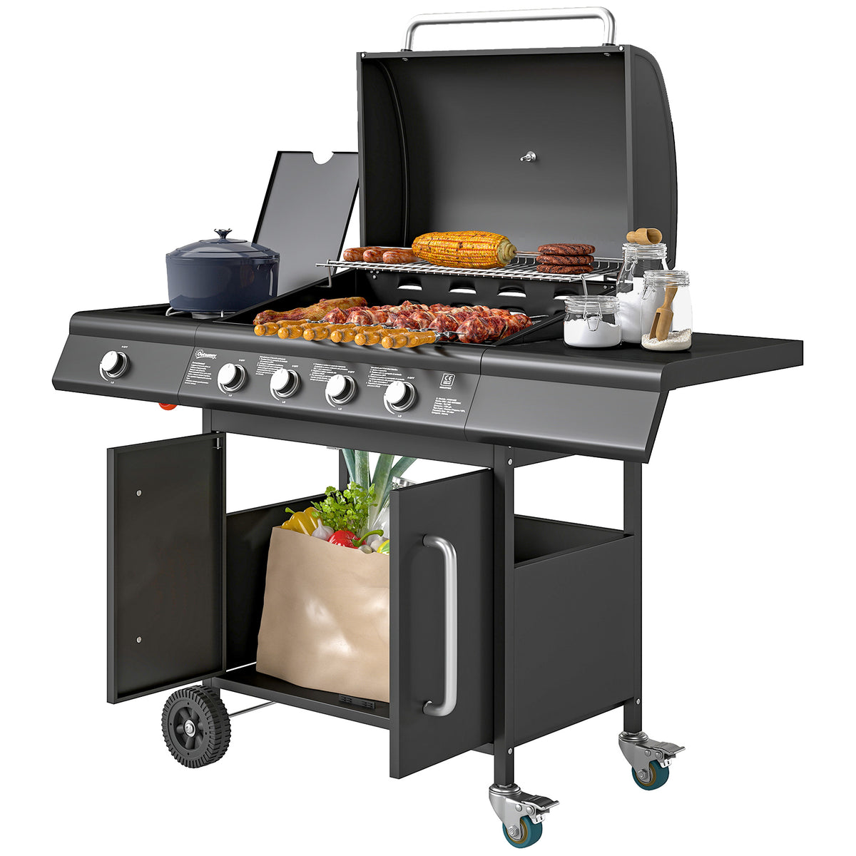 Gas grill 15.2 kW grill cart incl. 5 stainless steel burners, casters, side burner, 129.5 x 56 x 110 cm, black