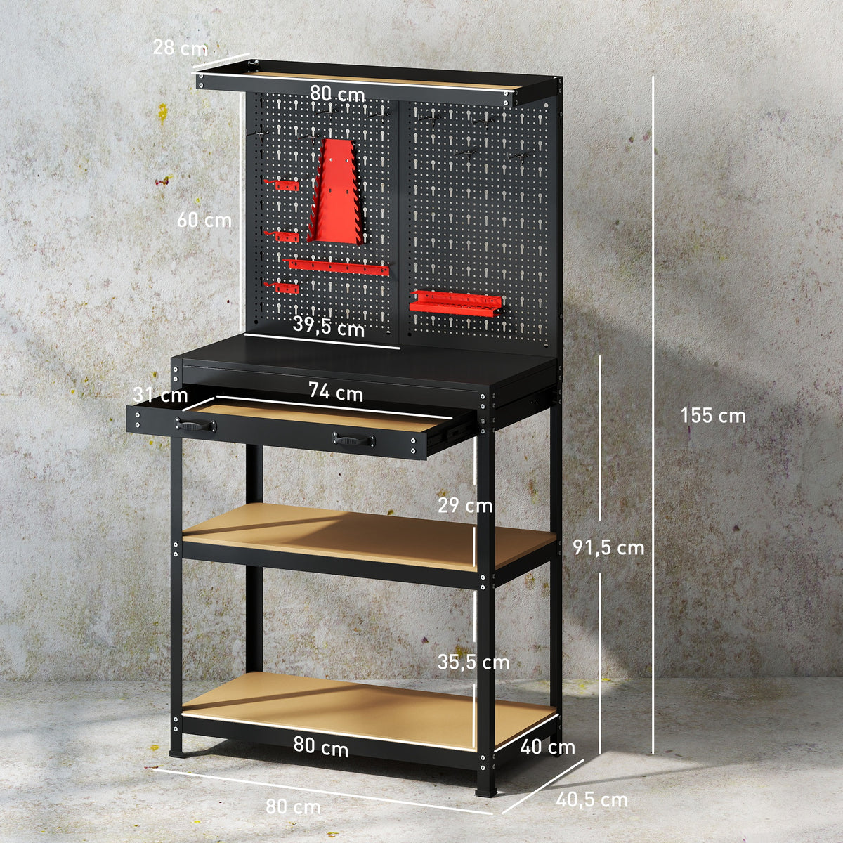 Workbench 80 x 40.5 x 155 cm tool bench with pegboard, hooks, drawer, 2 shelves for workshop black (3)