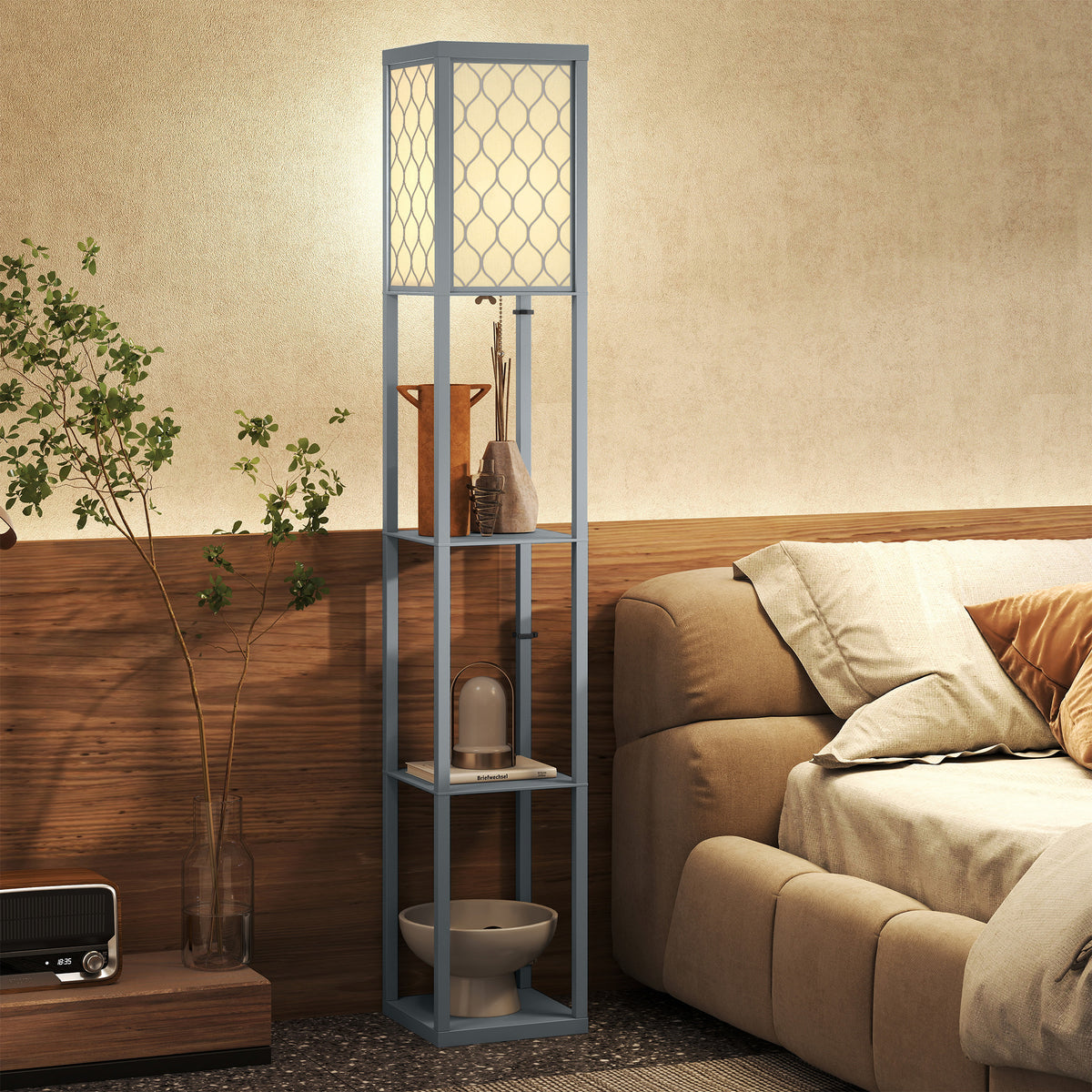 Floor lamp with shelf, 3 compartments, compact dimensions, MDF, light gray (2)