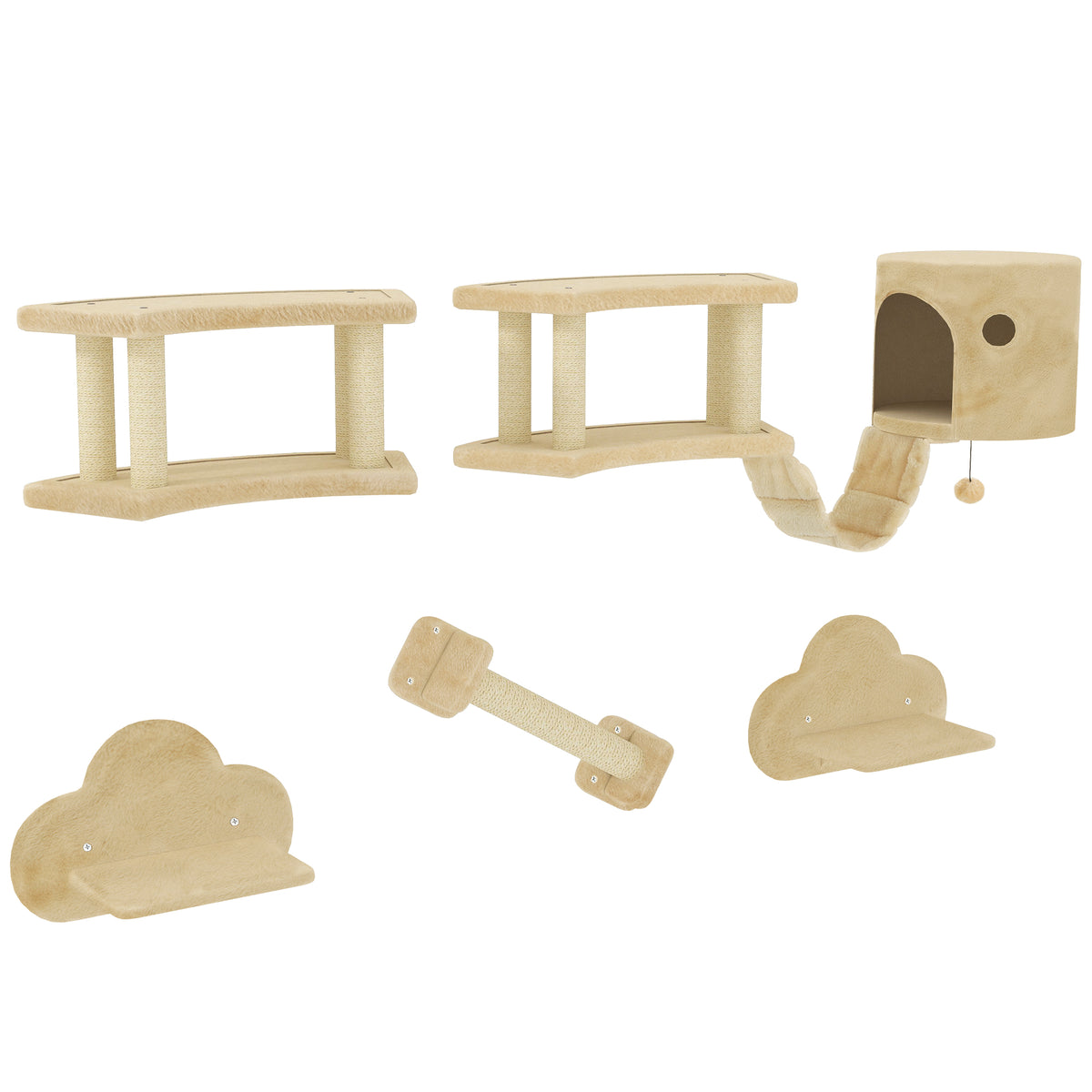 5-piece cat climbing set with scratching post, jumping platforms, ladder, house, wall-mounted, beige
