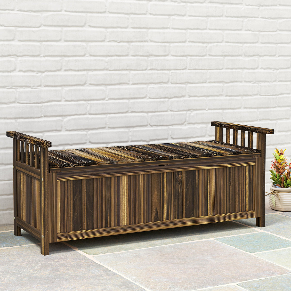 2-seater wooden garden bench, weatherproof bench, garden furniture with storage armrests 128.5 x 52 x 53.5cm (2)