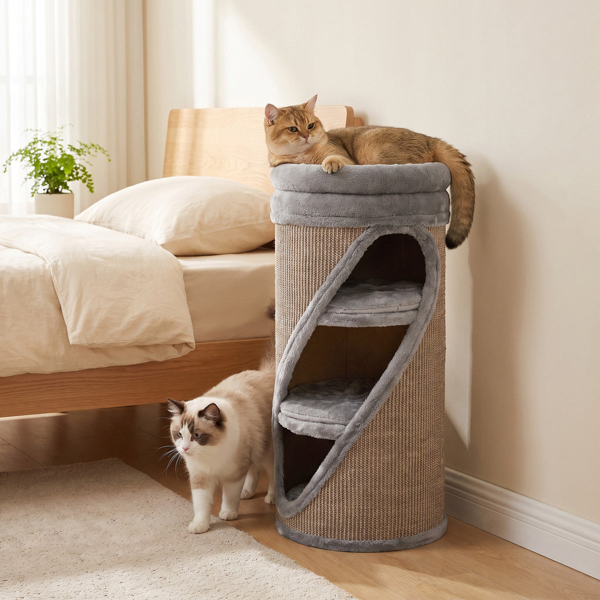 Scratching barrel, 75 cm high, Ø 35 cm, 4-tier cat barrel with 3 caves, removable washable plush bed, sisal (2)