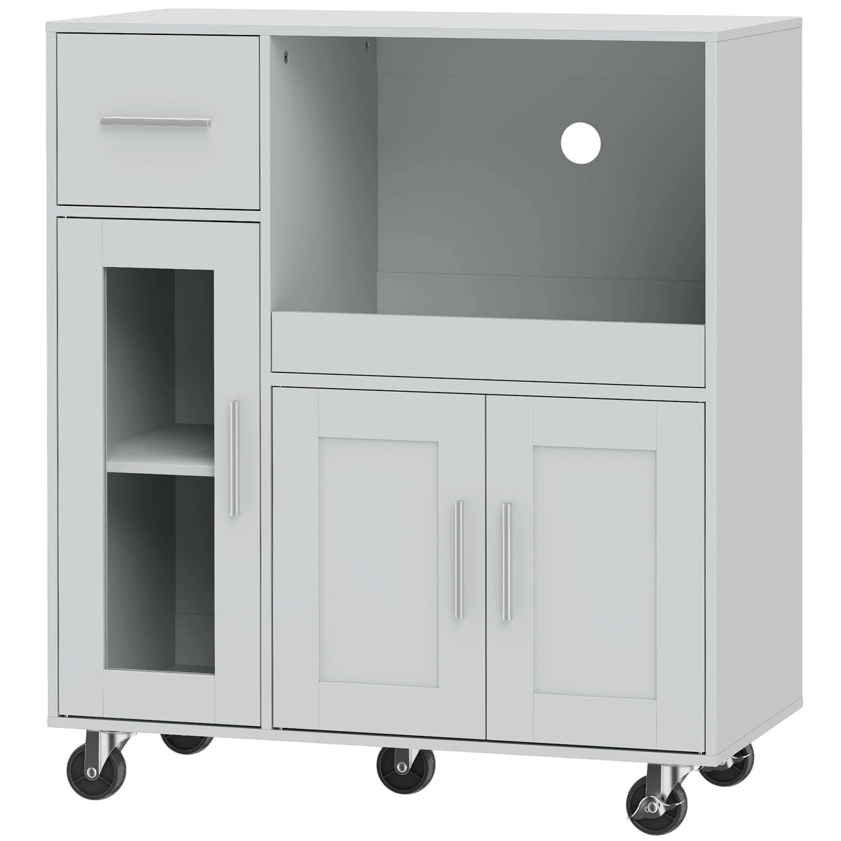 Kitchen cabinet on wheels, mobile kitchen island with shelves, drawers, adjustable shelf, cable hole, gray