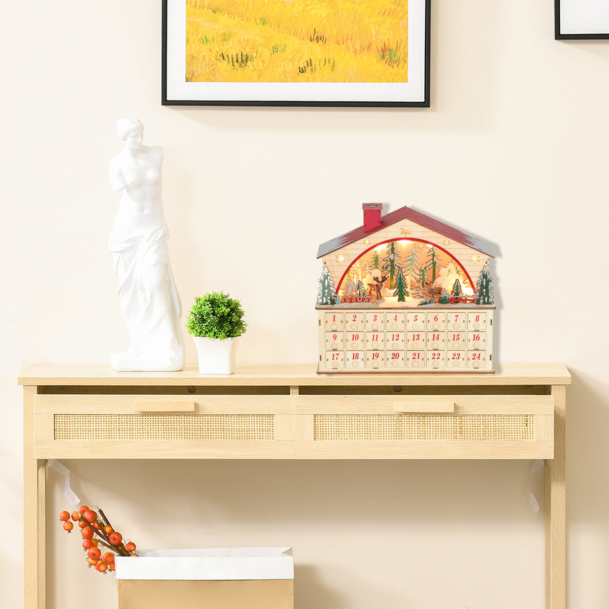 Advent calendar for filling, 24 drawers, Christmas calendar compartments with LED lights, natural wood, 36 x 10 (2)
