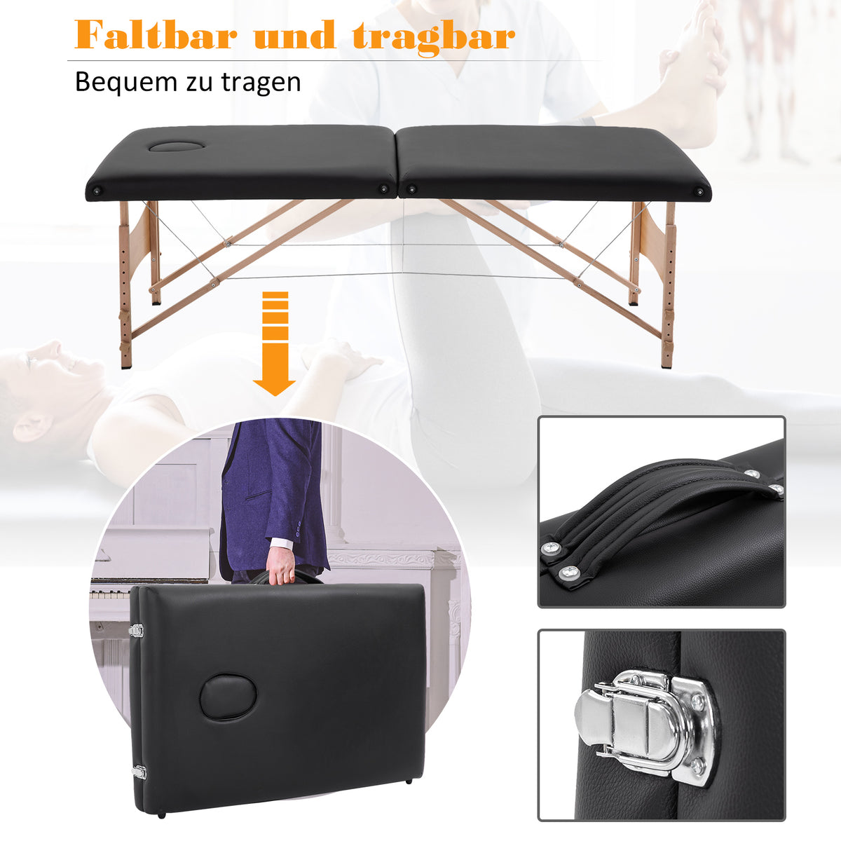 Portable Massage Table 2-Zone Foldable Height-Adjustable Massage Bed 60 cm Wide with Carrying Case Wooden Legs (6)
