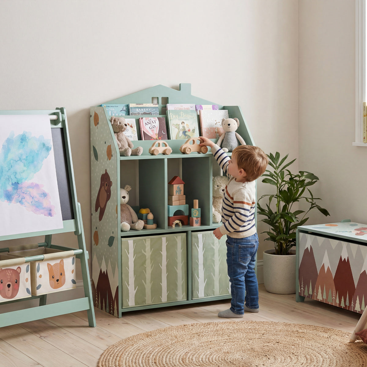 Children's Bookcase for Kids with 2 Fabric Drawers Open Shelf for Ages 3-8 62.5x30x91.5 cm Green (2)