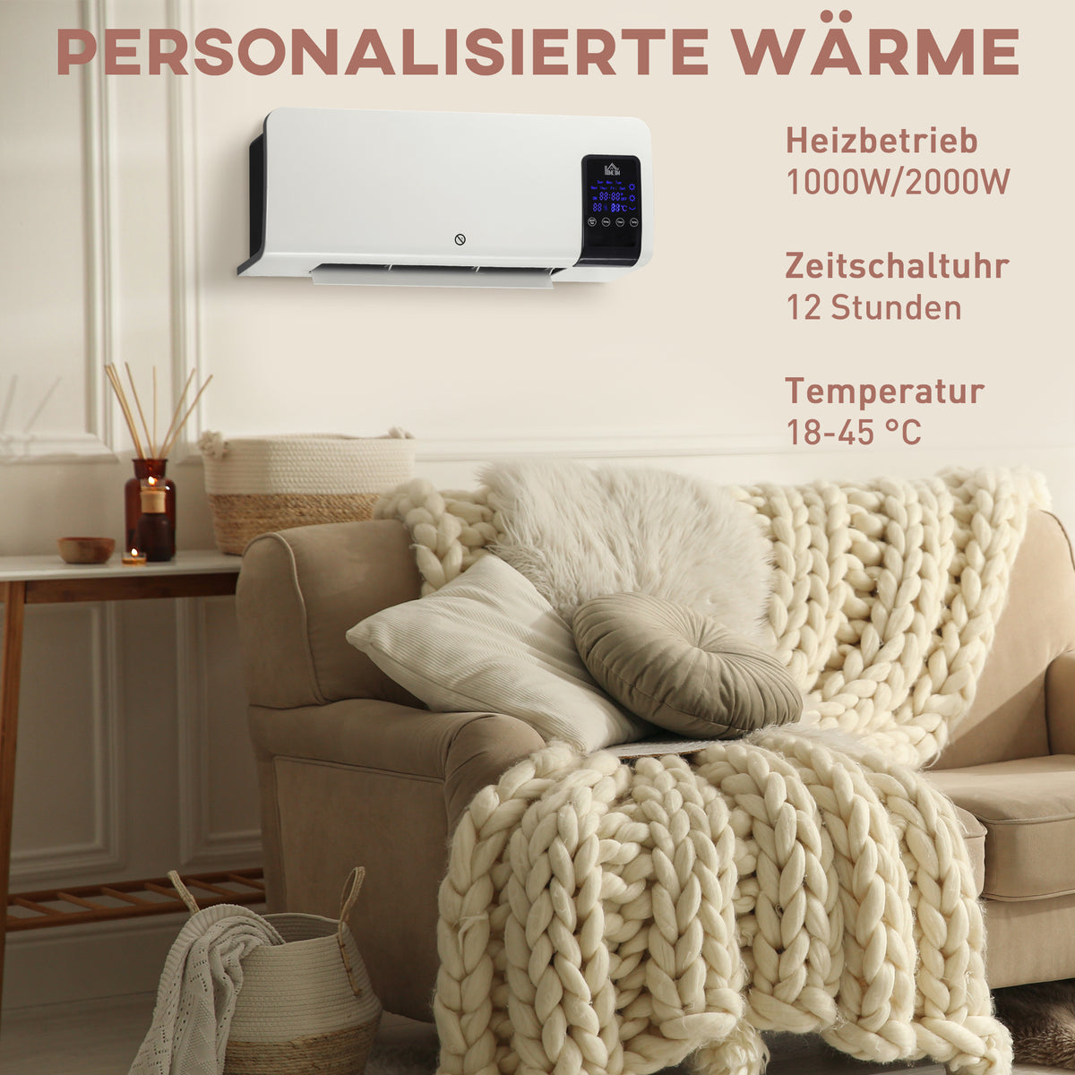 Electric heater, wall-mounted, oscillation function, 2 modes, timer, LED display, white (4)