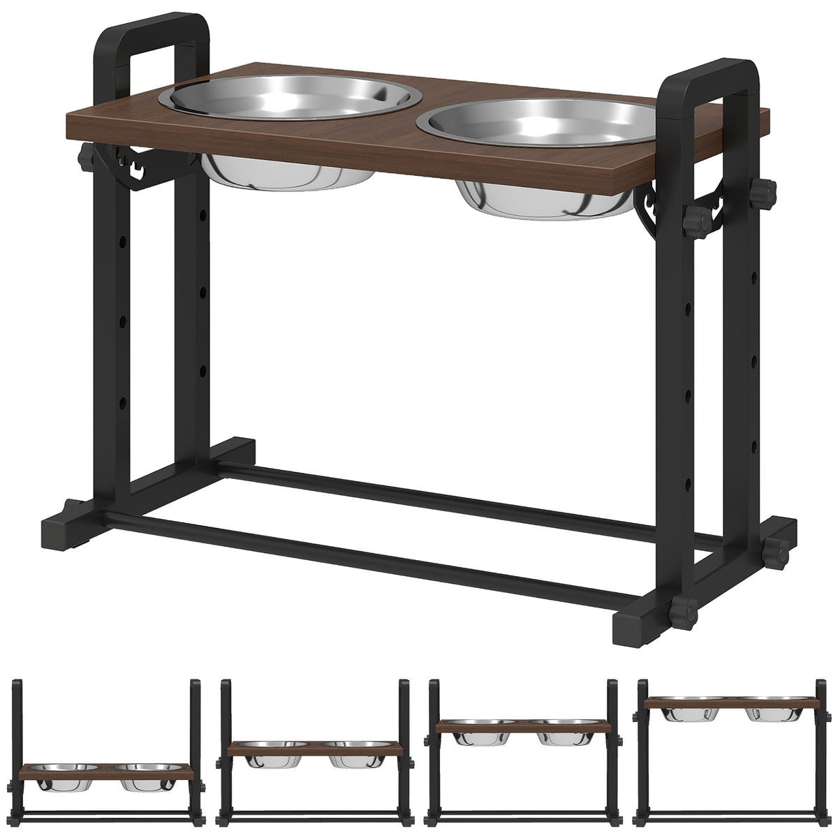 Raised dog bowl, 4-level height-adjustable feeding station with stand, 2 x 1.2 L stainless steel bowls, 3