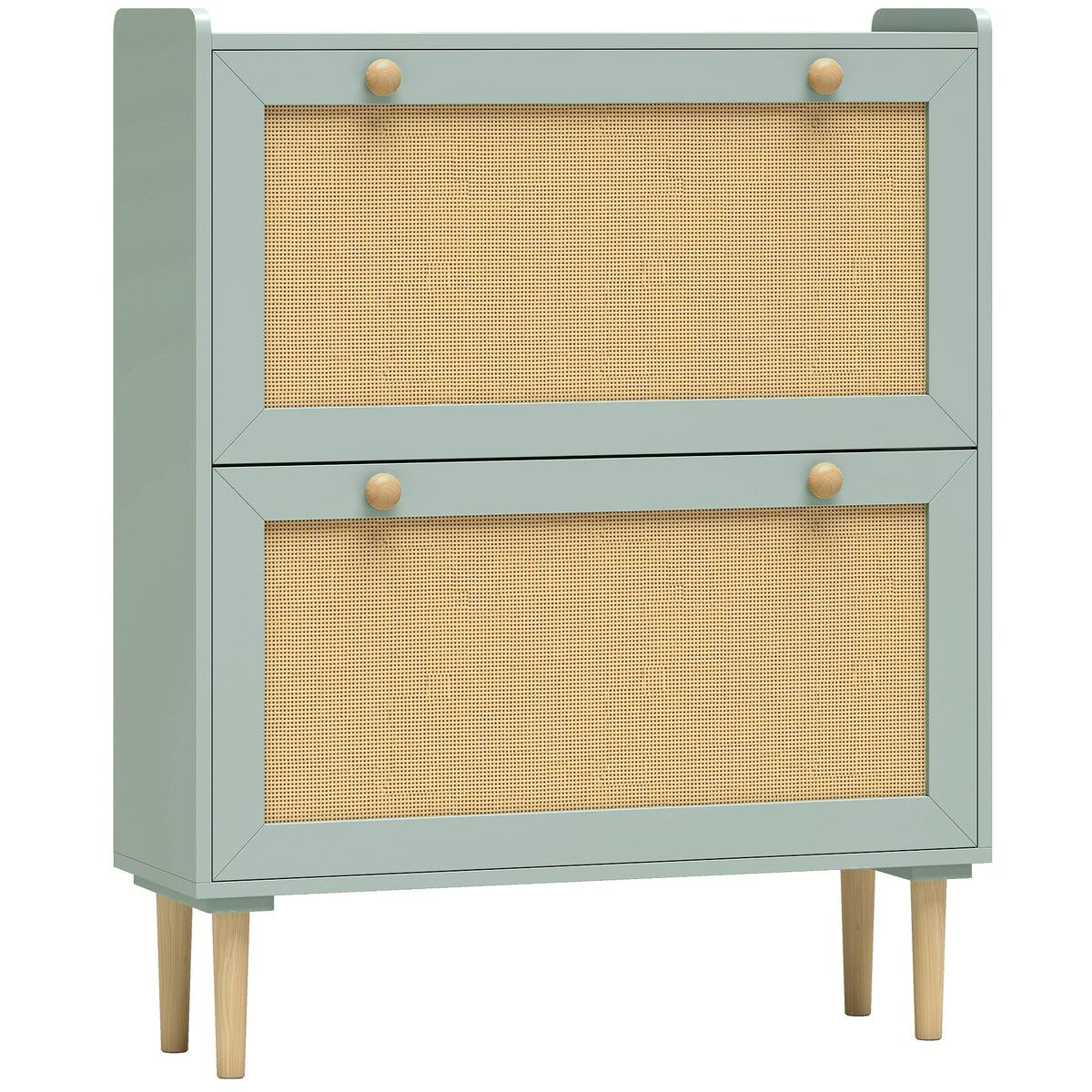 Shoe cabinet with 2 tilt-out compartments and adjustable shelves, light green