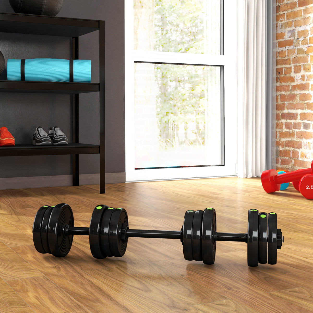2-in-1 dumbbell set, barbell & dumbbell, 20 kg, non-slip, floor-friendly, black/green (2)