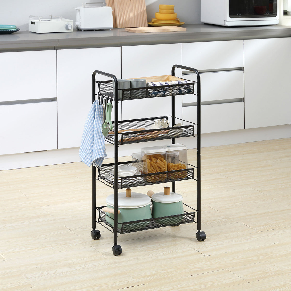 Rolling cart with 4 hanging baskets, serving trolley on casters, mobile, removable hooks, steel, 45 x 26.5 x 84 (2)