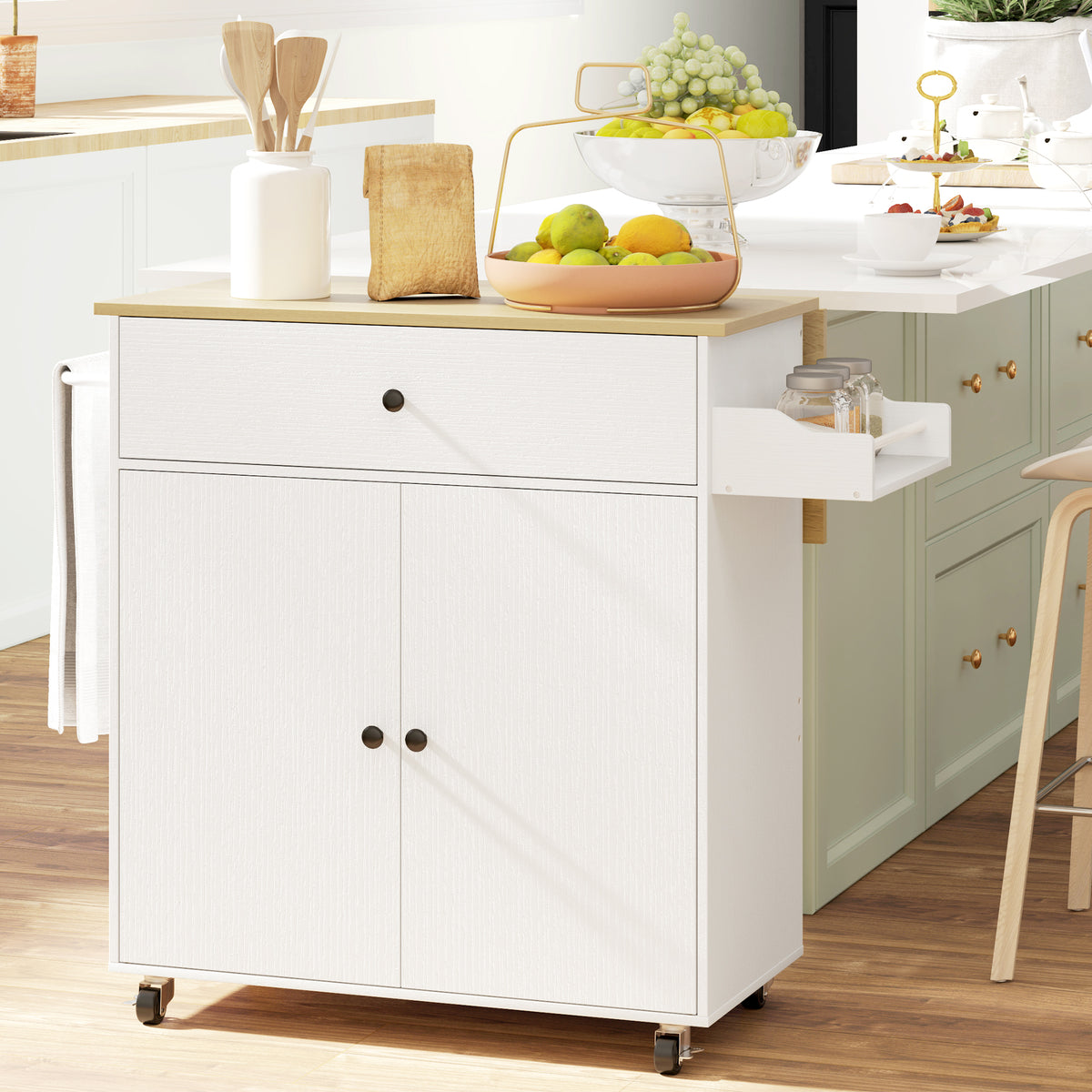 Kitchen cart with drawer, cabinet compartment, towel rack, 106 x 42 x 87 cm, white/oak (2)