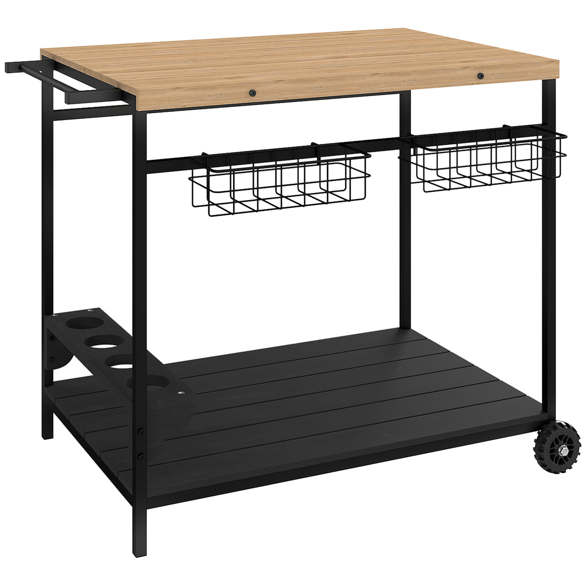 Serving trolley, kitchen cart, 2 tiers, 4 bottle holders, indoor/outdoor, natural/black