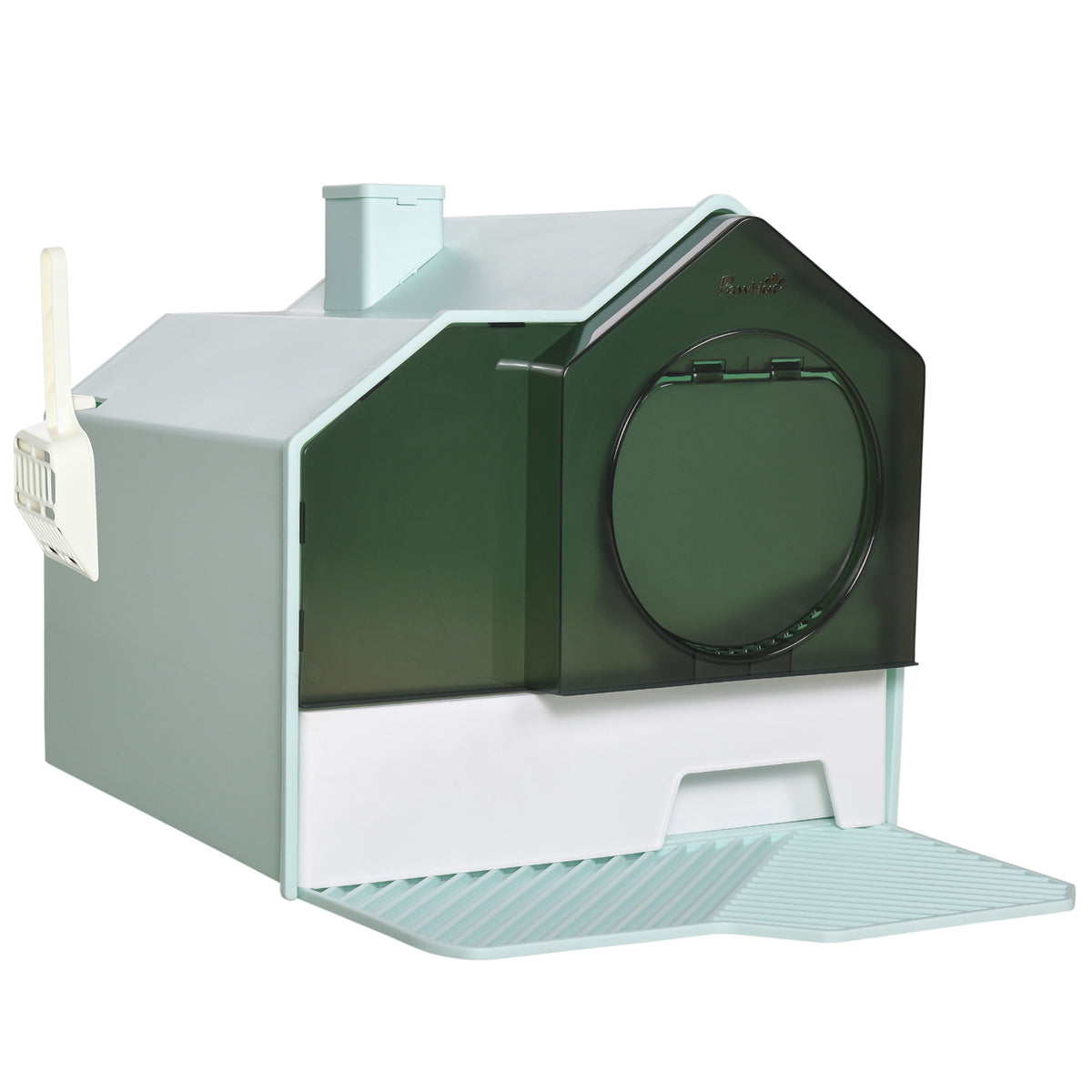 Cat litter box, house design, 1 litter mat, 1 litter scoop, removable base tray, green + white