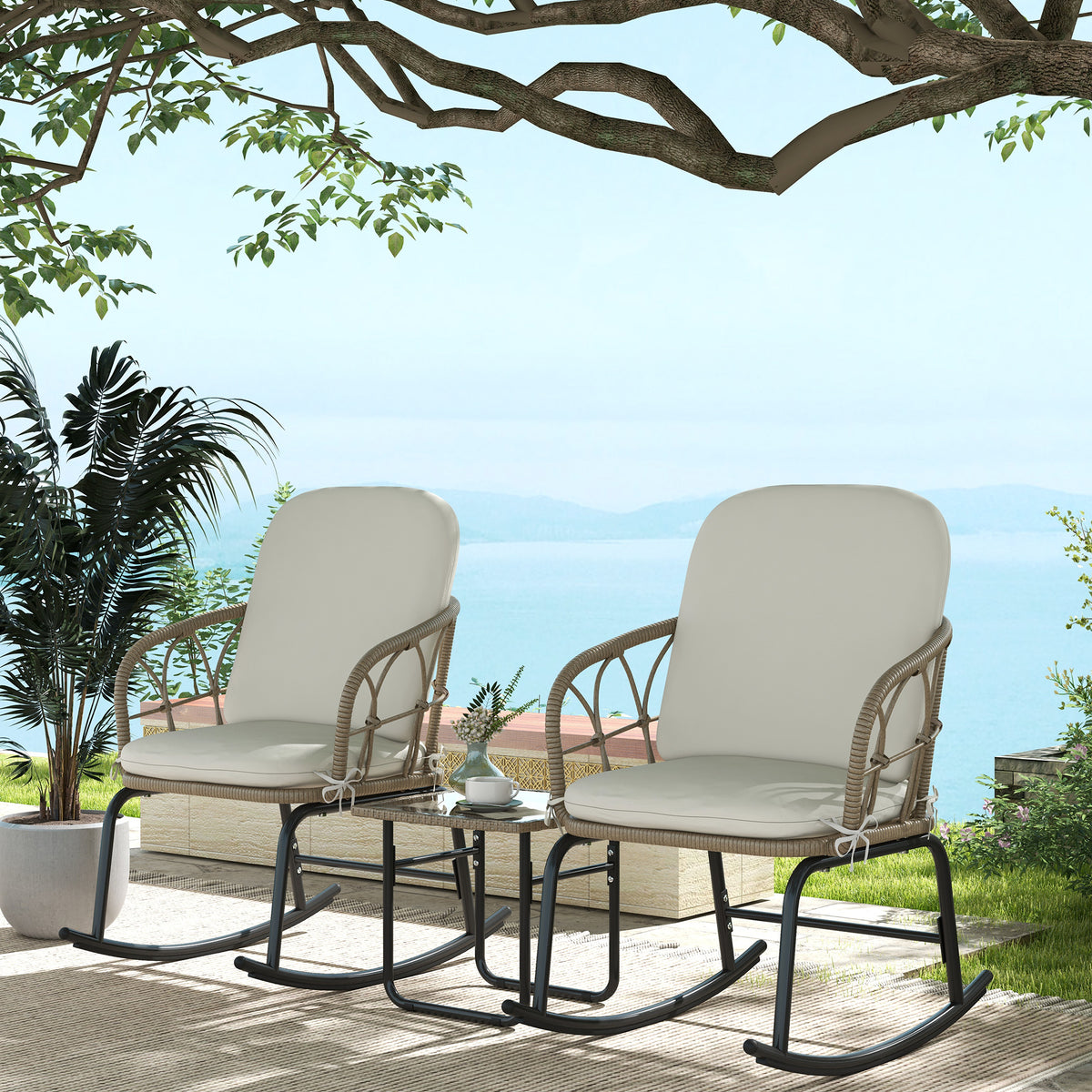 Rocking chair set, bistro set, boho style, PE rattan, weather-resistant, cream (2)