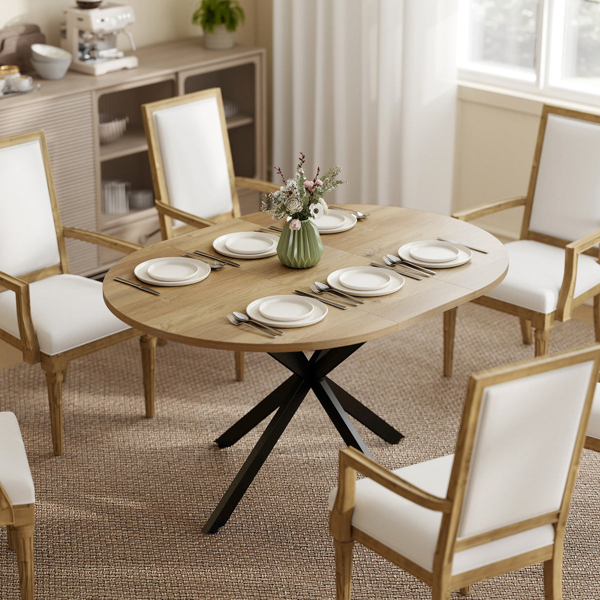 Extendable dining table for 4–6 people, industrial-style kitchen table with spider leg, natural (2)