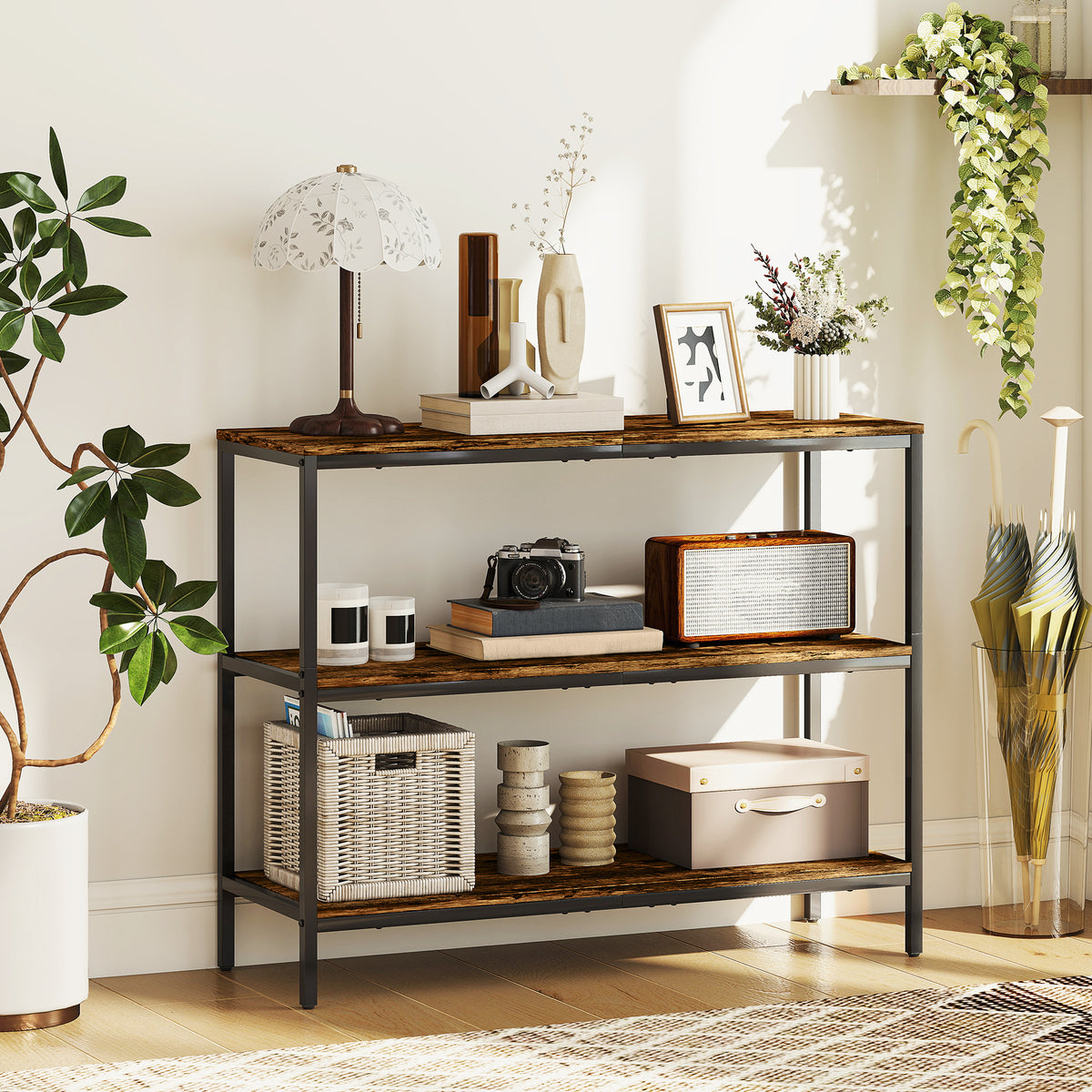 Console table, side table with 3-tier shelf, particle board, metal, light brown (2)