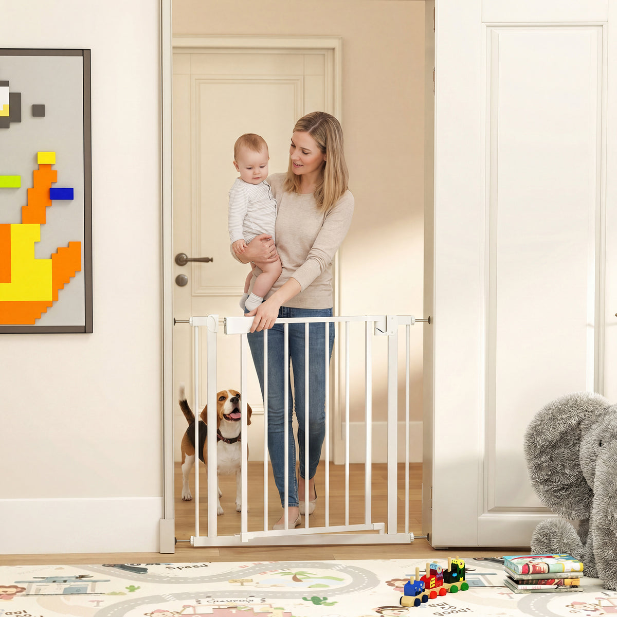 Safety gate for stairs and doorways, pressure-mounted with automatic closing, for children, kitchen, and stairs (2)