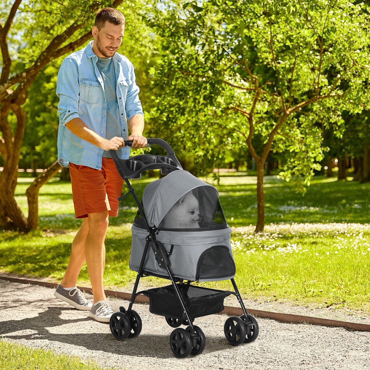 Dog Stroller Pet Buggy up to 4 kg Foldable Mesh Windows Storage Basket Cup Holder Removable Canopy Grey 67 x 45 (2)