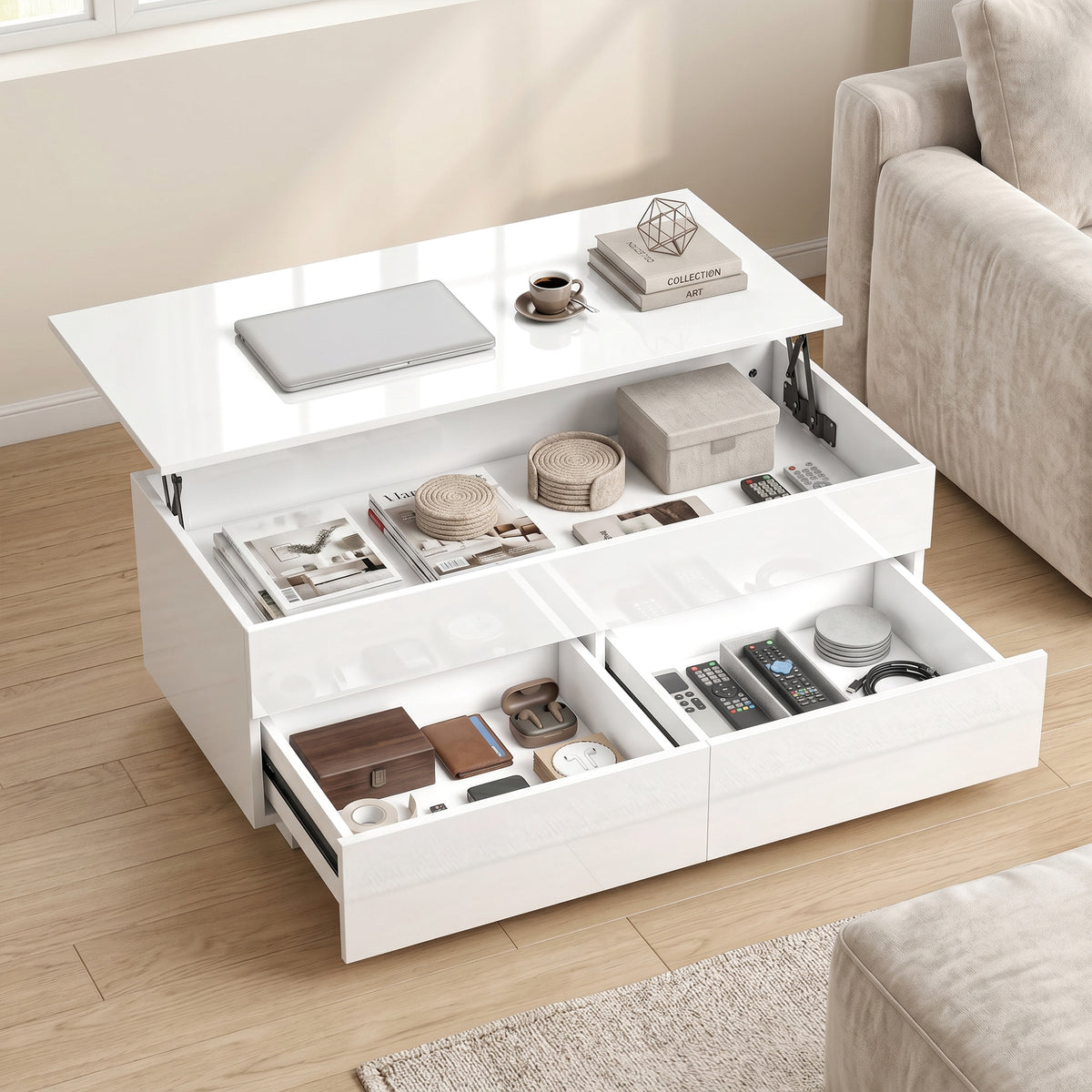 Height-adjustable coffee table, modern living room table with hidden storage and 2 drawers, high-gloss white (2)