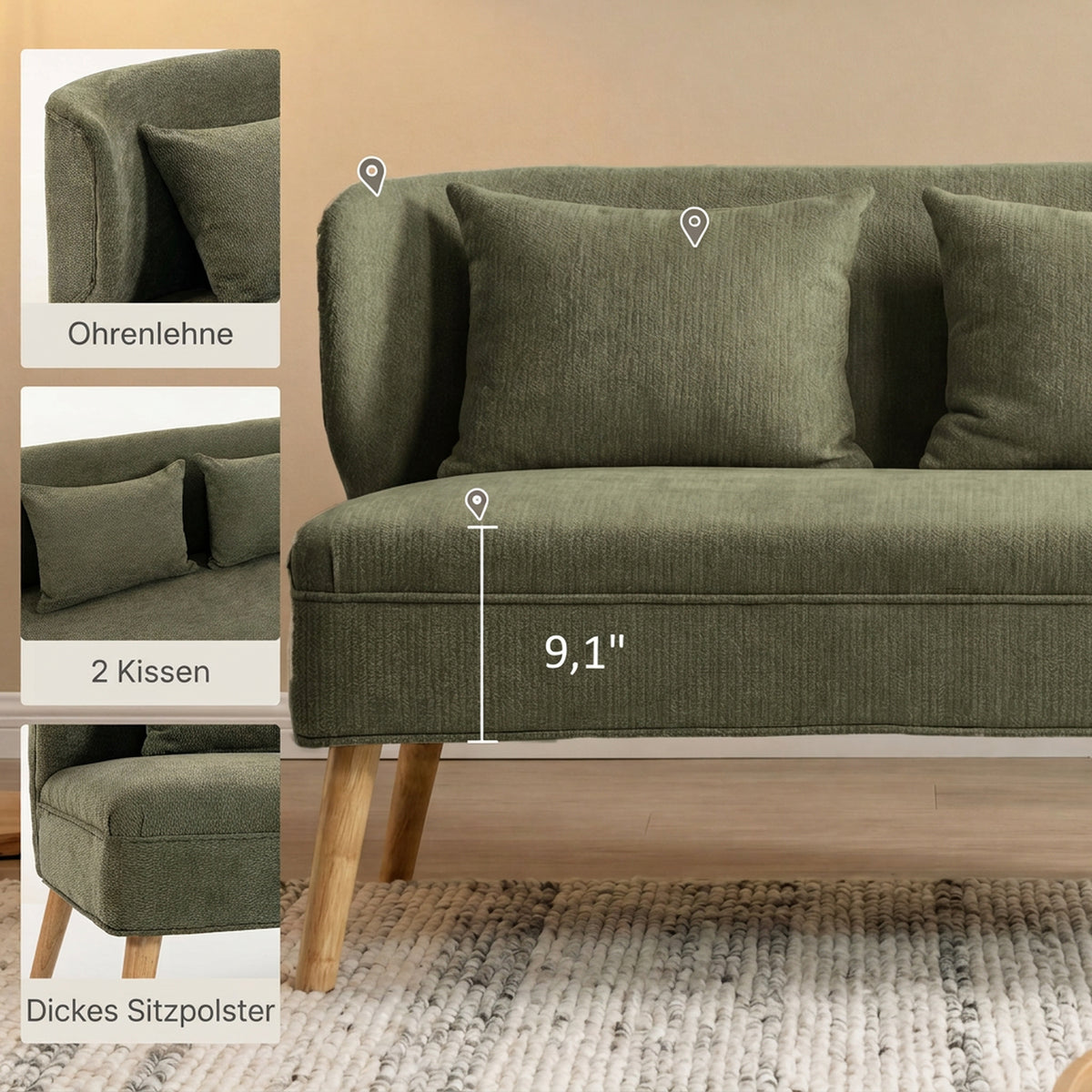 2-seater sofa, small chenille sofa with wingback, thick seat, rubberwood legs, dark green (5)