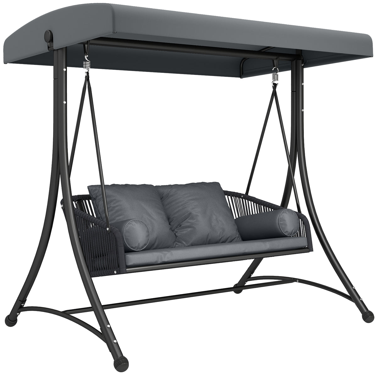 Rattan porch swing 2-seater garden swing with adjustable canopy, soft cushion, A-frame, dark gray