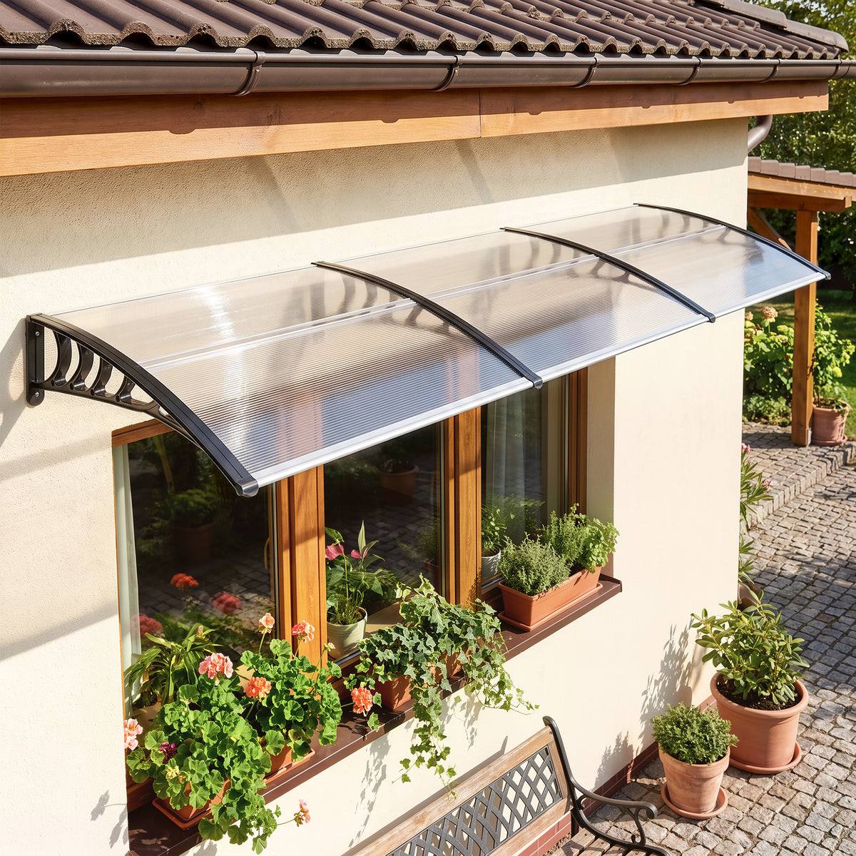 Canopy protective roof, sun and rain protection, incl. wall bracket, 295x90 cm, white (2)
