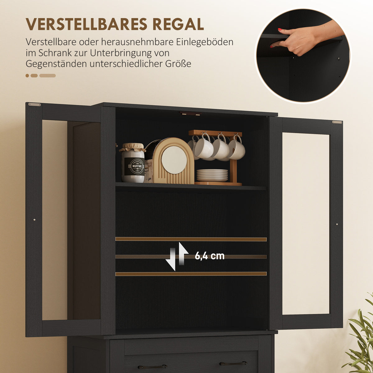Kitchen cabinet, sideboard, acrylic front, drawers, 76 x 40 x 182.5 cm, black (6)