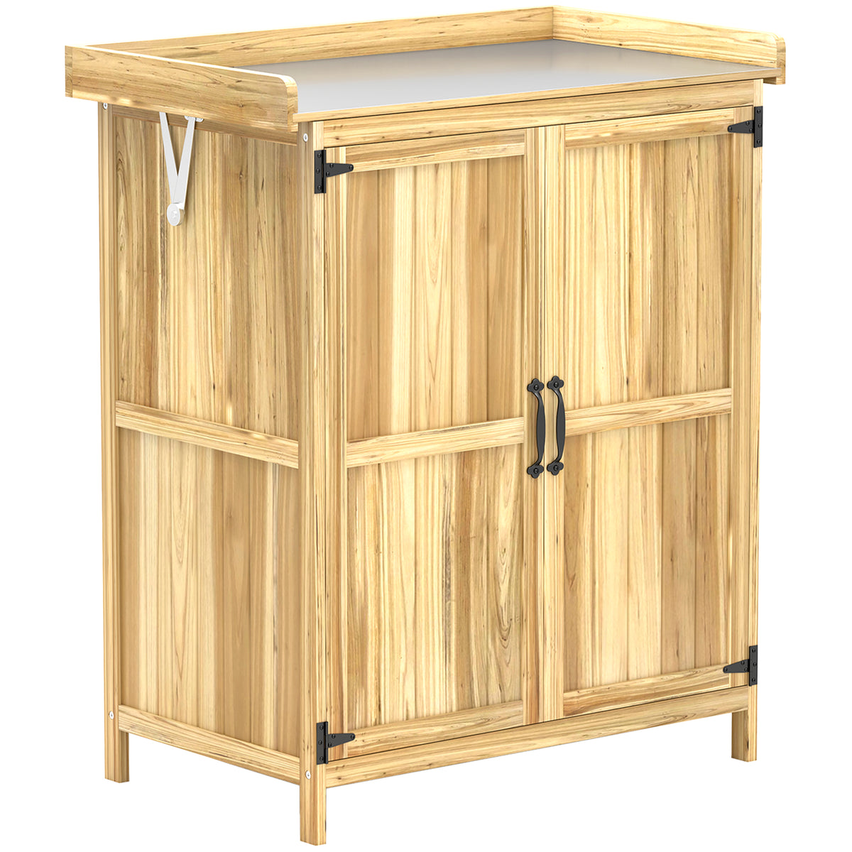 Garden cabinet, outdoor tool cabinet, with work surface, wood and stainless steel, double doors, natural wood