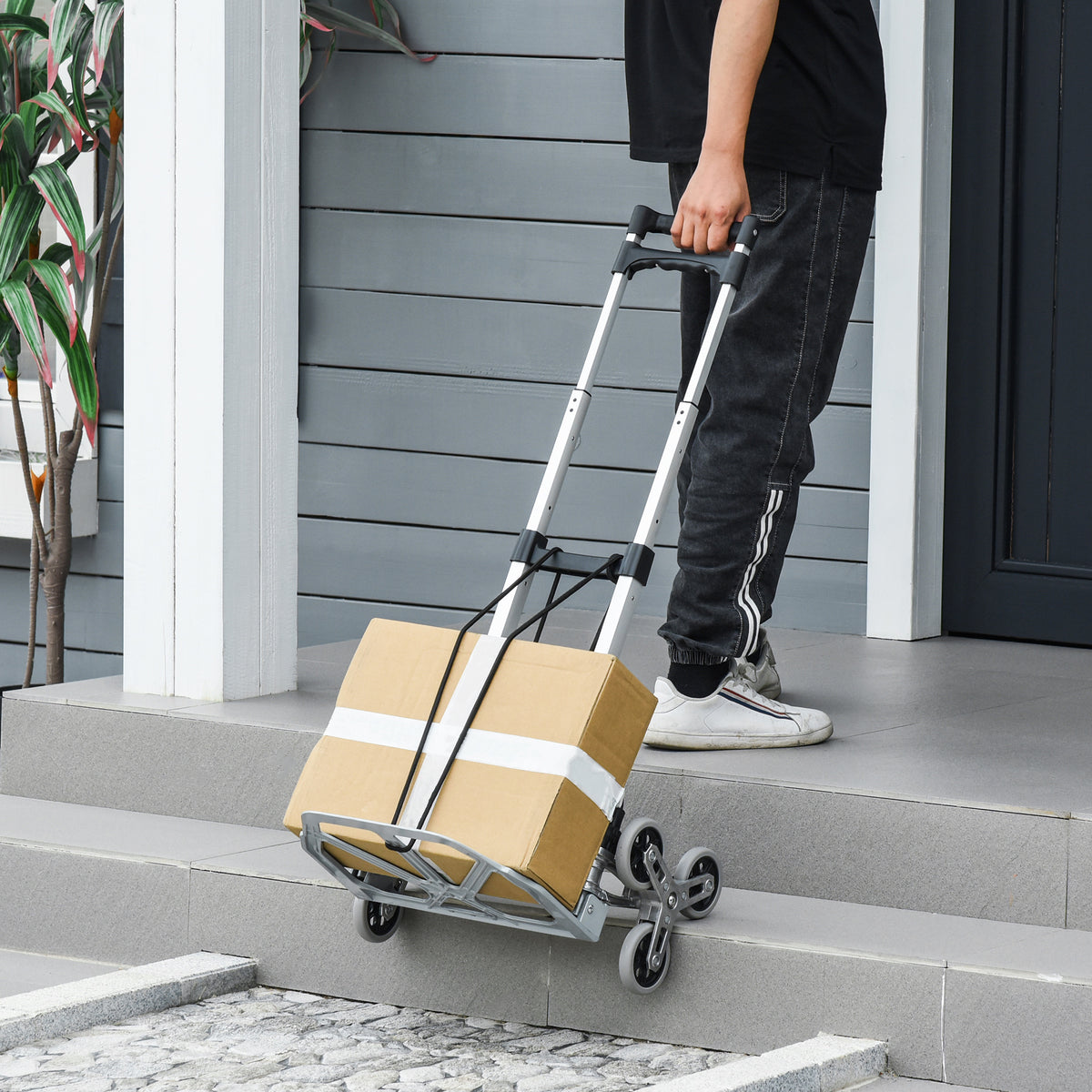 Foldable 6-wheel stair climber, incl. fastening strap, automatic folding function, silver + black (2)