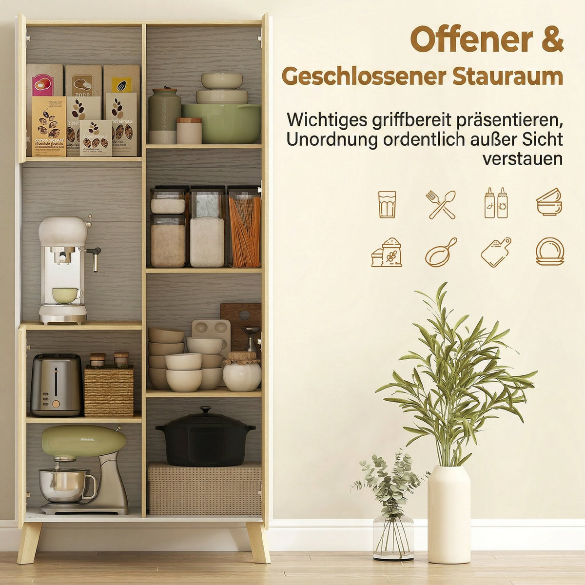 170 cm kitchen cabinet, modern cabinet with open compartment, adjustable shelves, natural wood look (4)