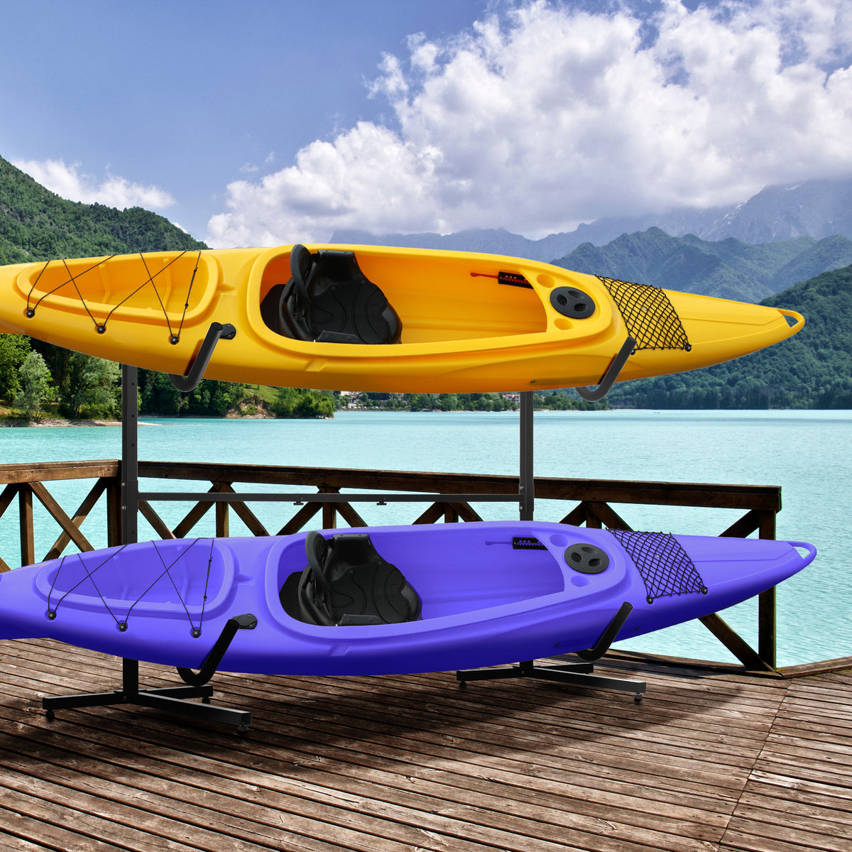 Rack for 2 kayaks, surfboards, stand-up paddleboards, metal frame, width-adjustable 144-180 cm (2)