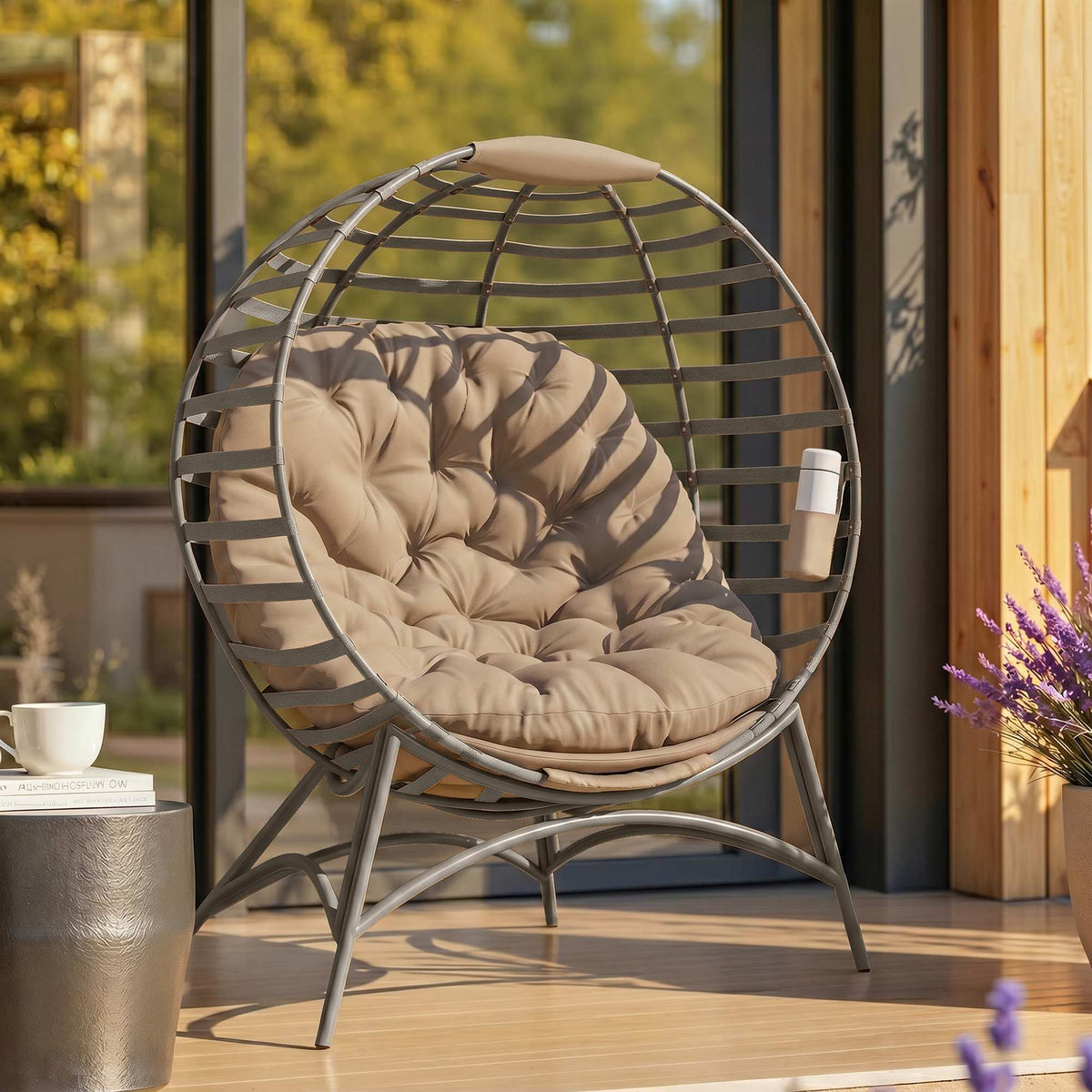 Papasan Chair Garden Chair 2 Wicker Chair with Cushion Oval Lounge Chair Wicker Foldable Balcony Terrace (2)