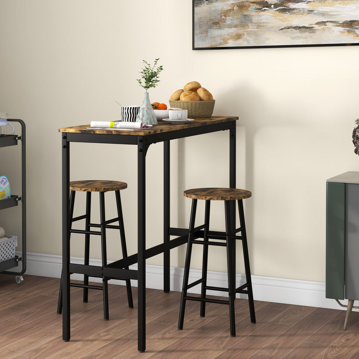 Bar table with 2 chairs in industrial design, 3-piece bar set with table and bar stools, industrial design (2)