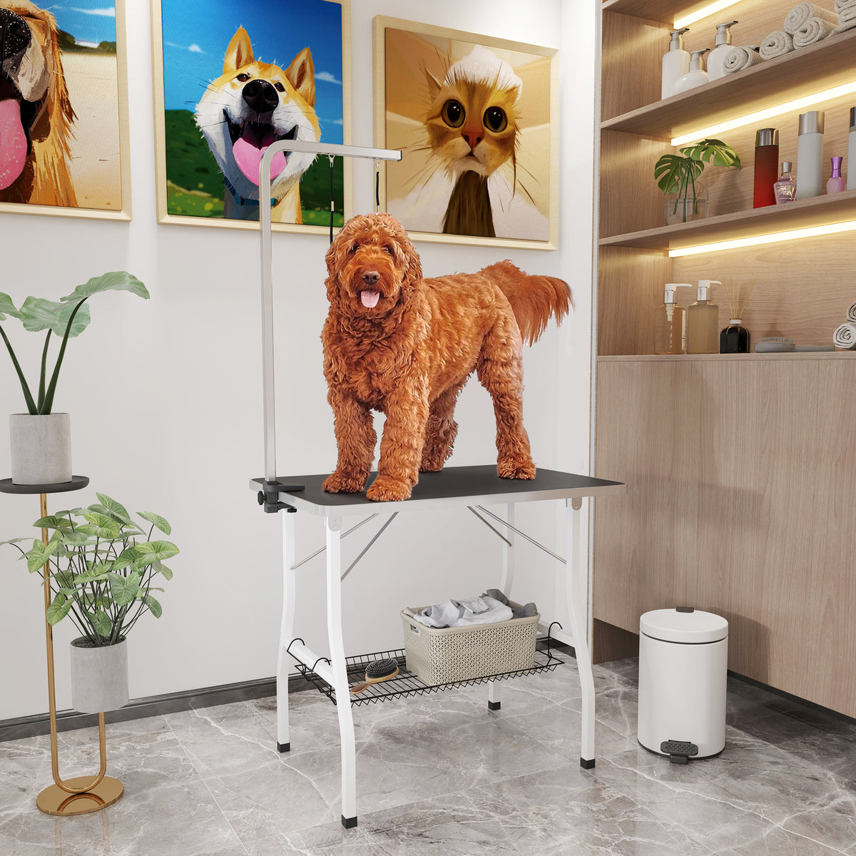 Dog grooming table, styling table with adjustable arm, storage tray, rubber surface, 90 x 60 x 76 cm, black (2)