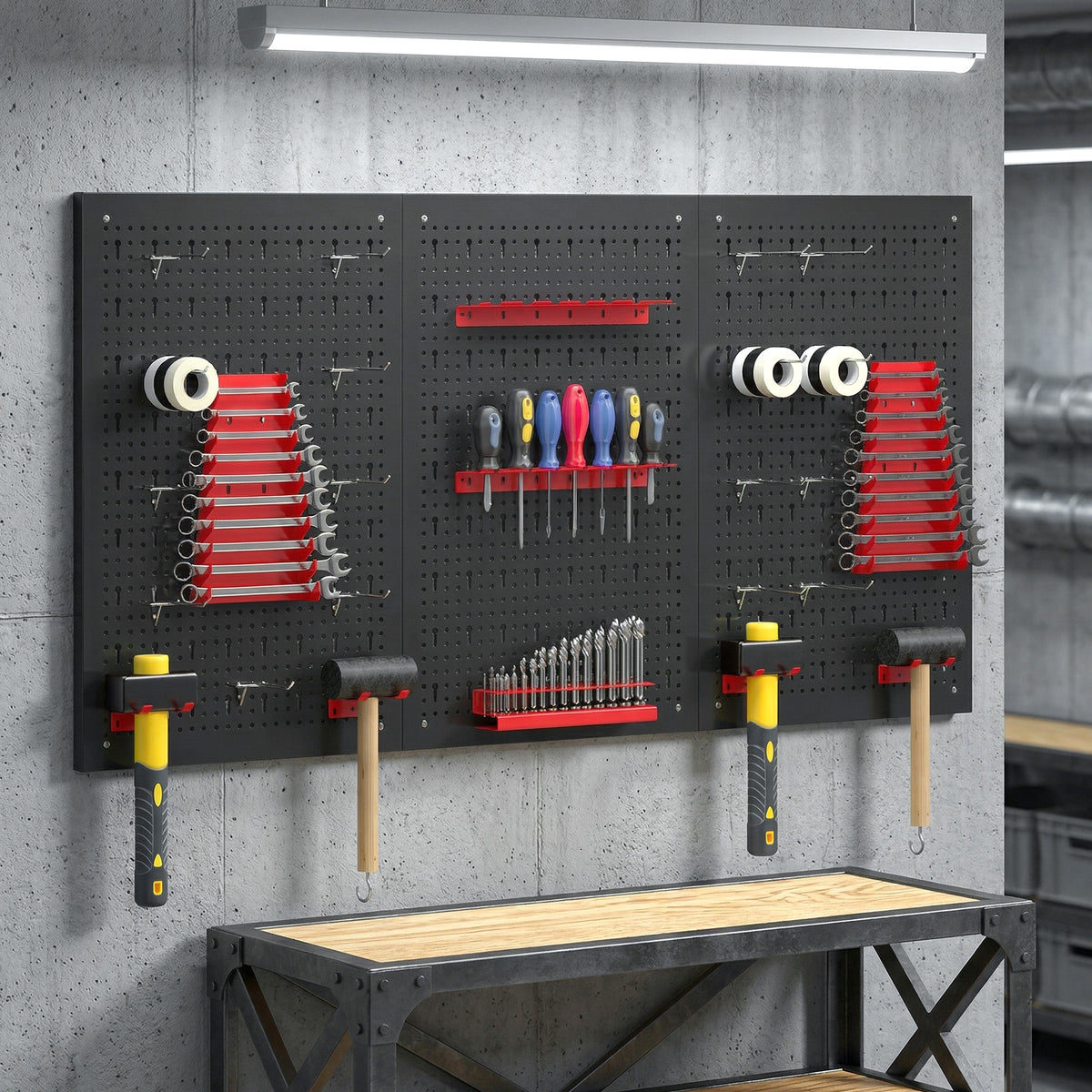 Storage system wall shelf 60 x 120 cm, 28-piece bin rack with hooks and storage compartments, workshop shelf (2)