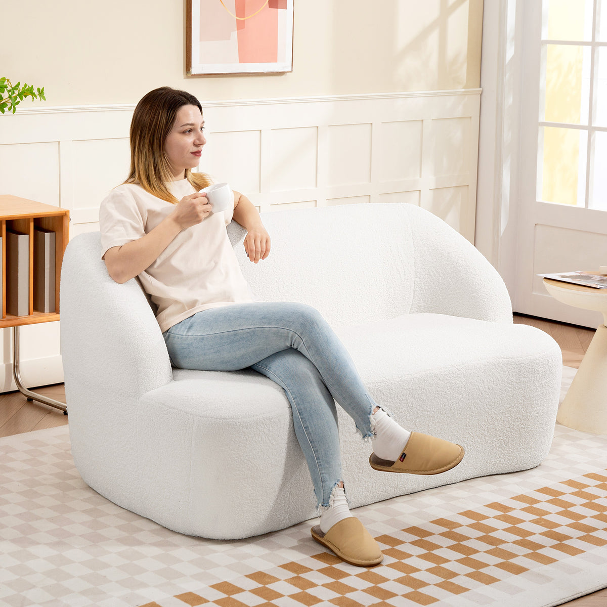 2-seater sofa, curved design, upholstered sofa with fleece cover, for living room, bedroom, home office, cream (2)