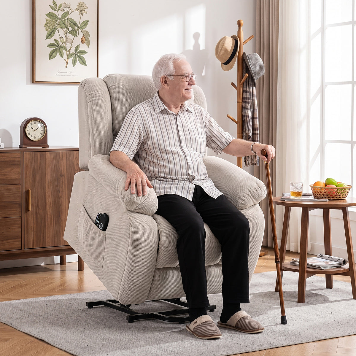 Recliner with massage and heating function, electric lift chair, remote control, side pockets, beige (2)