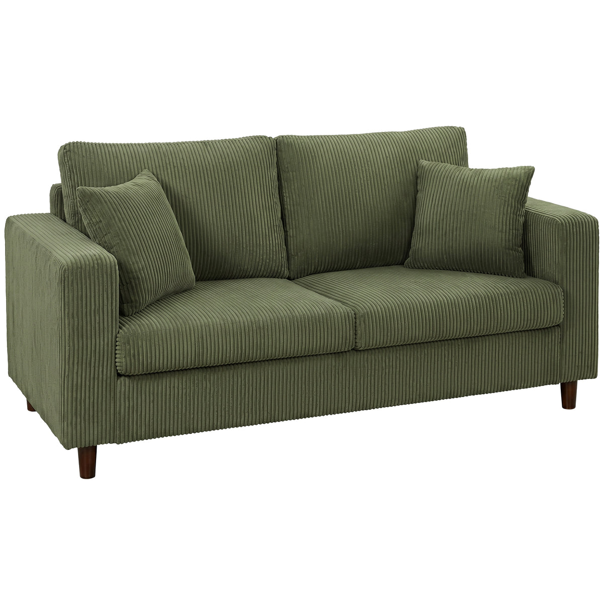 2-seater corduroy sofa with a wide, deep seat and spring core upholstery, green