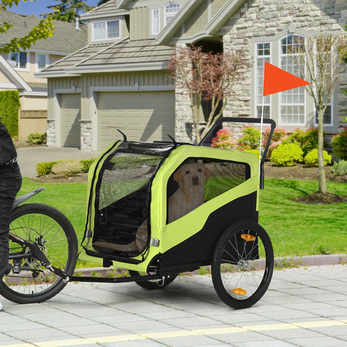 2-in-1 dog trailer, push function, 2 entrances, mesh windows, sun protection, steel frame, green, 170 x 77 x 90 (2)