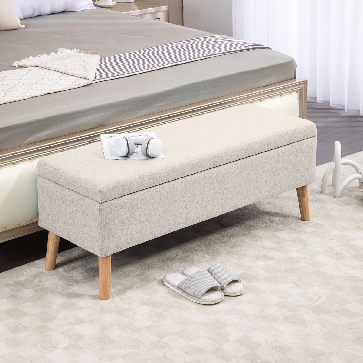 Storage bench, up to 220 kg, linen-look, 110x39x45cm, beige (2)