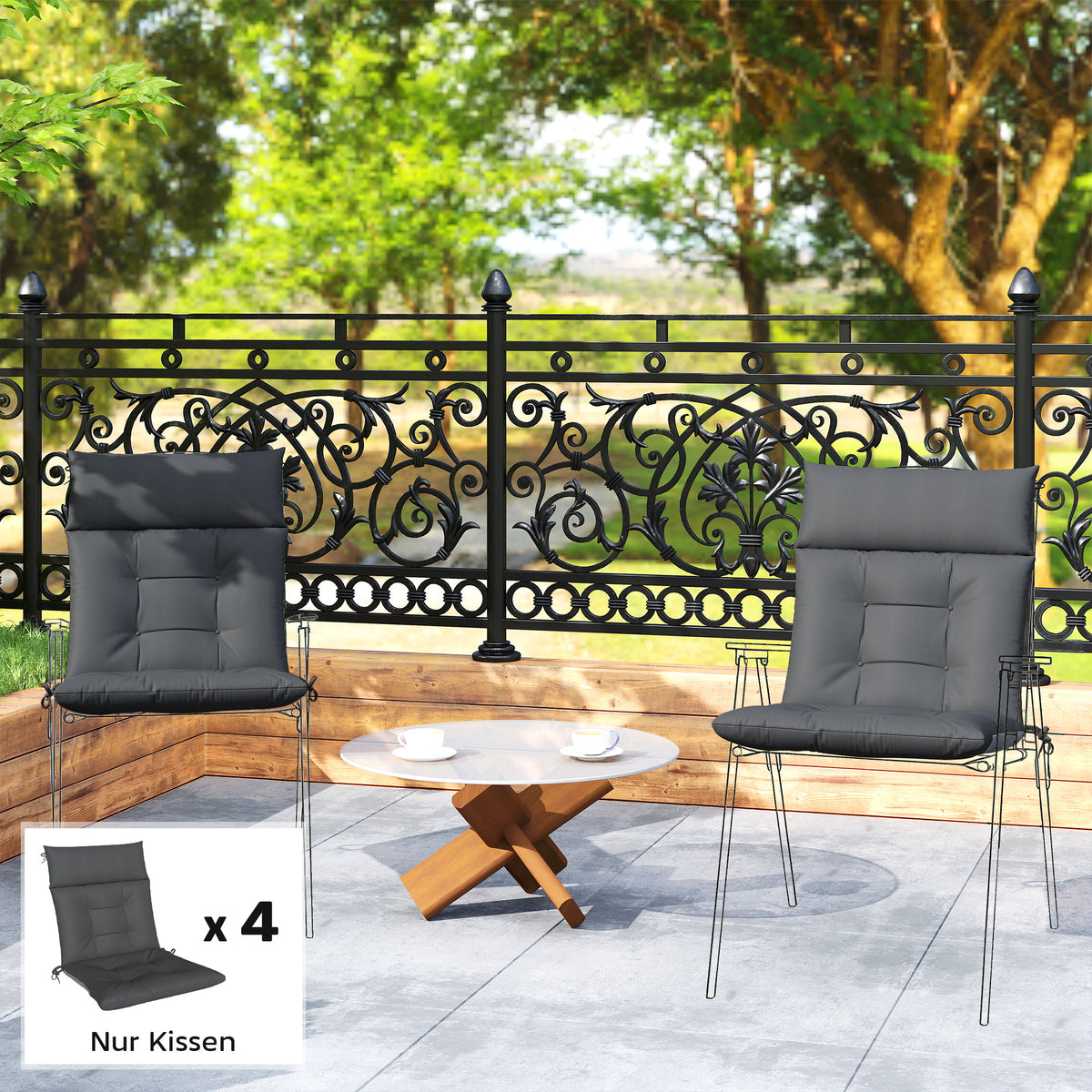 Set of 4 seat cushions, water-repellent, non-slip chair cushions with ties, indoor/outdoor, 111.5 x 53 x 8 cm (2)