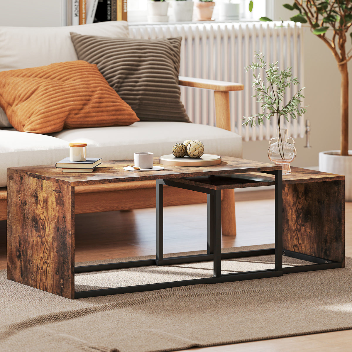 Set of 2 coffee tables, sofa table, side table, particle board, metal, 90 x 48 x 42 cm/59 x 42 x 36 cm (2)