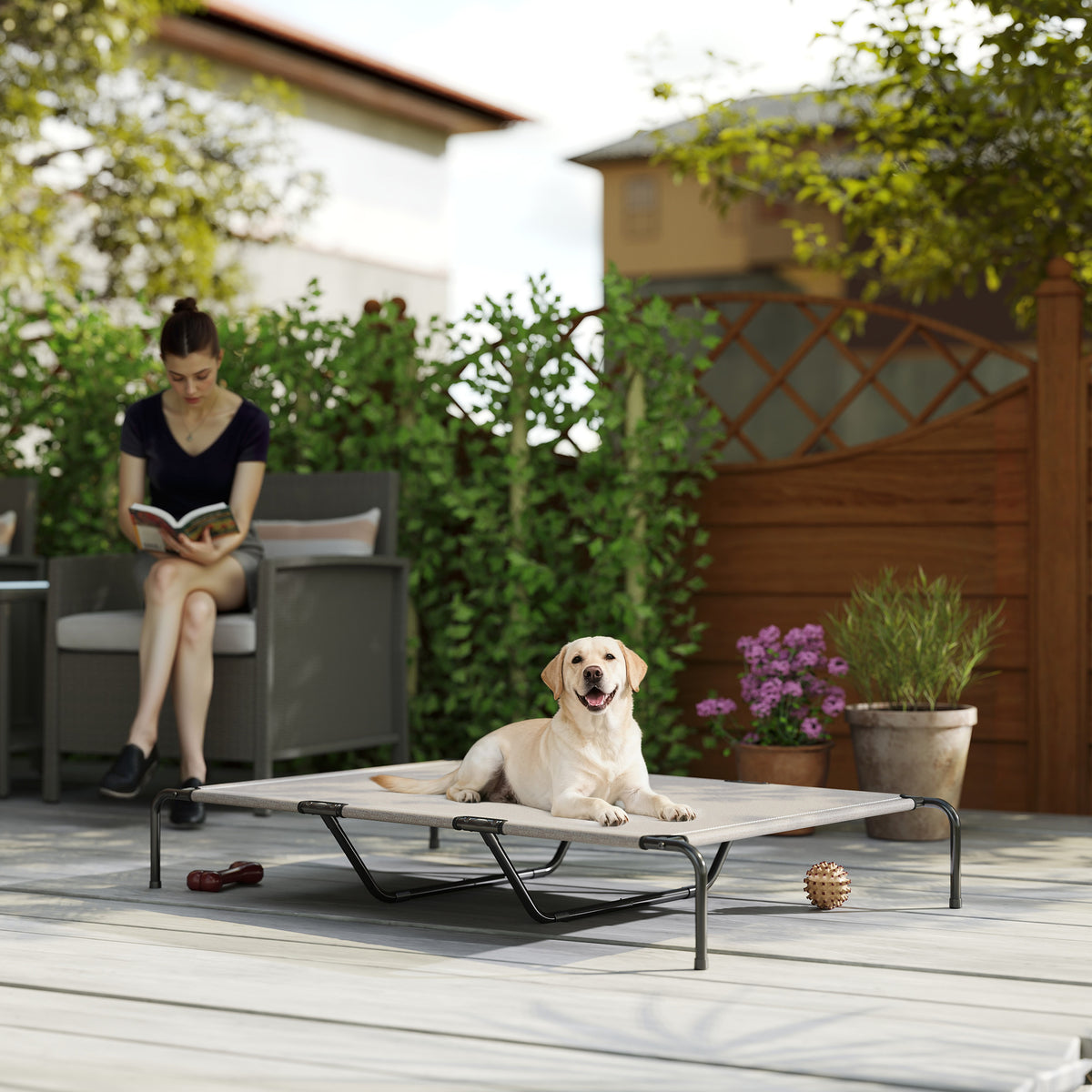 Outdoor Dog Cot, Elevated Dog Bed for Large Dogs, with Steel Frame, Breathable Mesh Fabric, 152x94x23 cm, Beige (2)