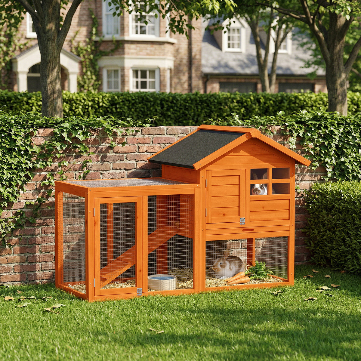 2-Tier Rabbit Hutch with Waterproof Bitumen Roof, Outdoor Run, Ramp, and Doors, Wood, 123.5x62.6x92.5 cm, Orange (2)